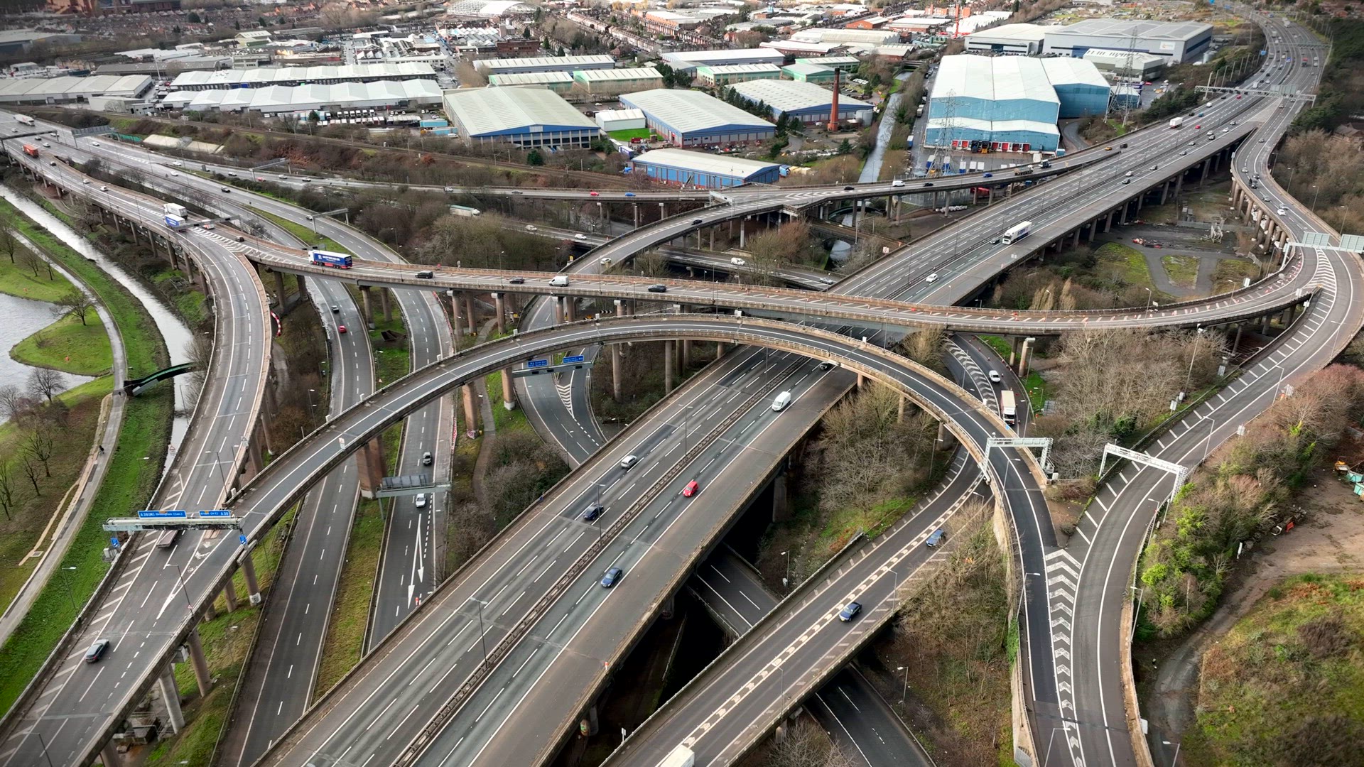 Aerial View of Vehicles Driving on Spaghetti Junction