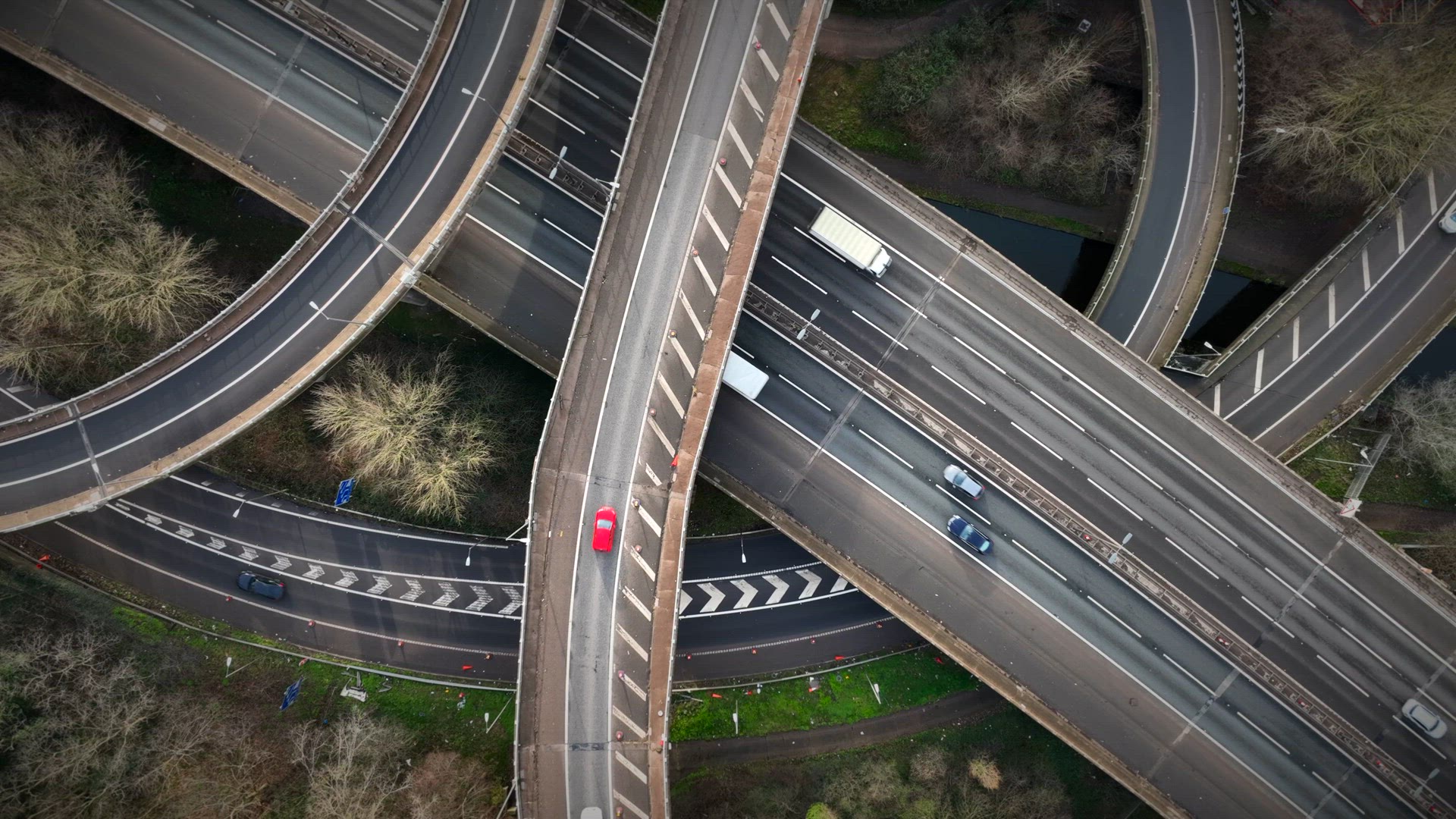Aerial View of Vehicles Driving on Spaghetti Junction