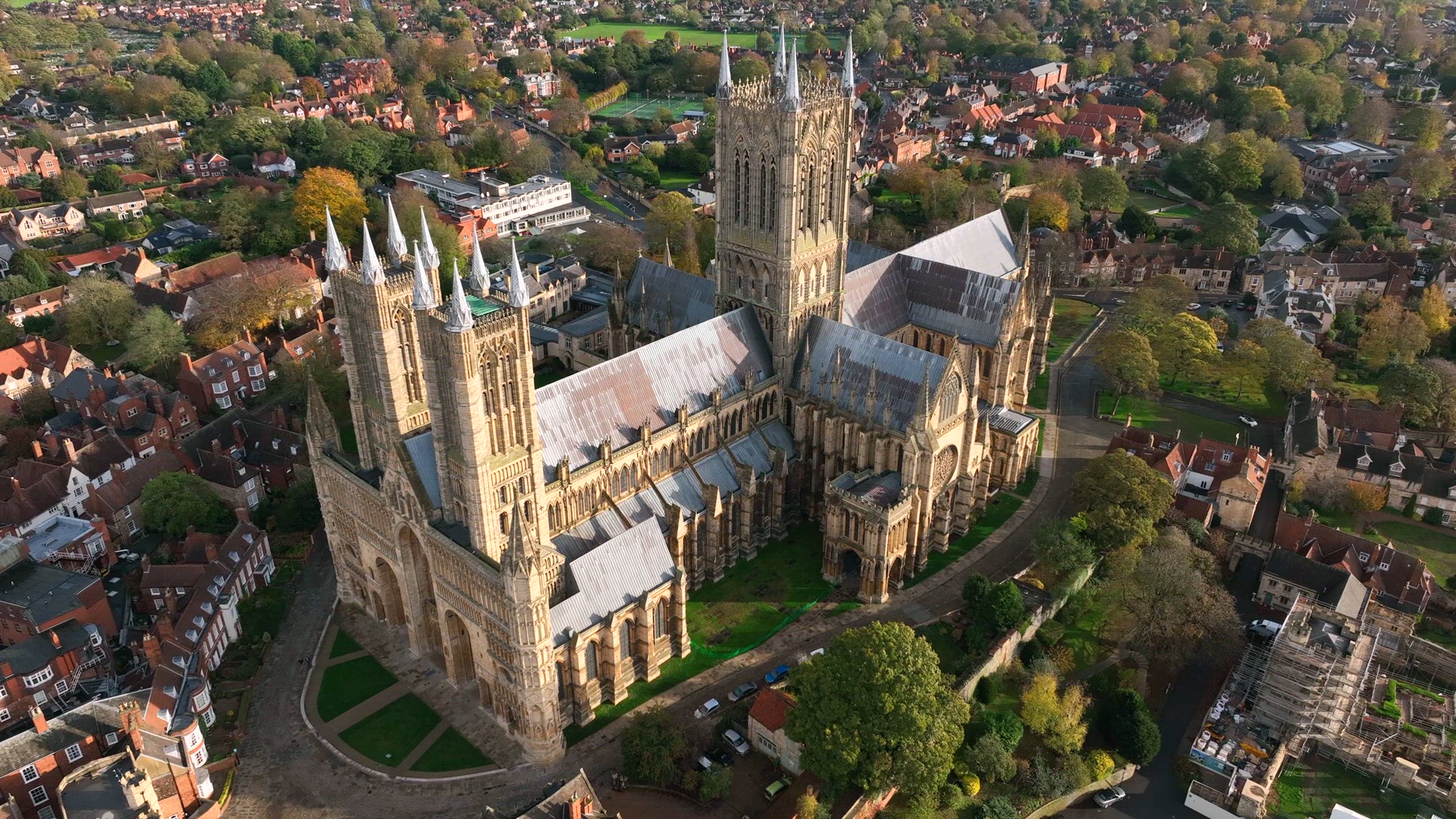 Lincoln City Cathedral UK Aerial View in the Afternoon