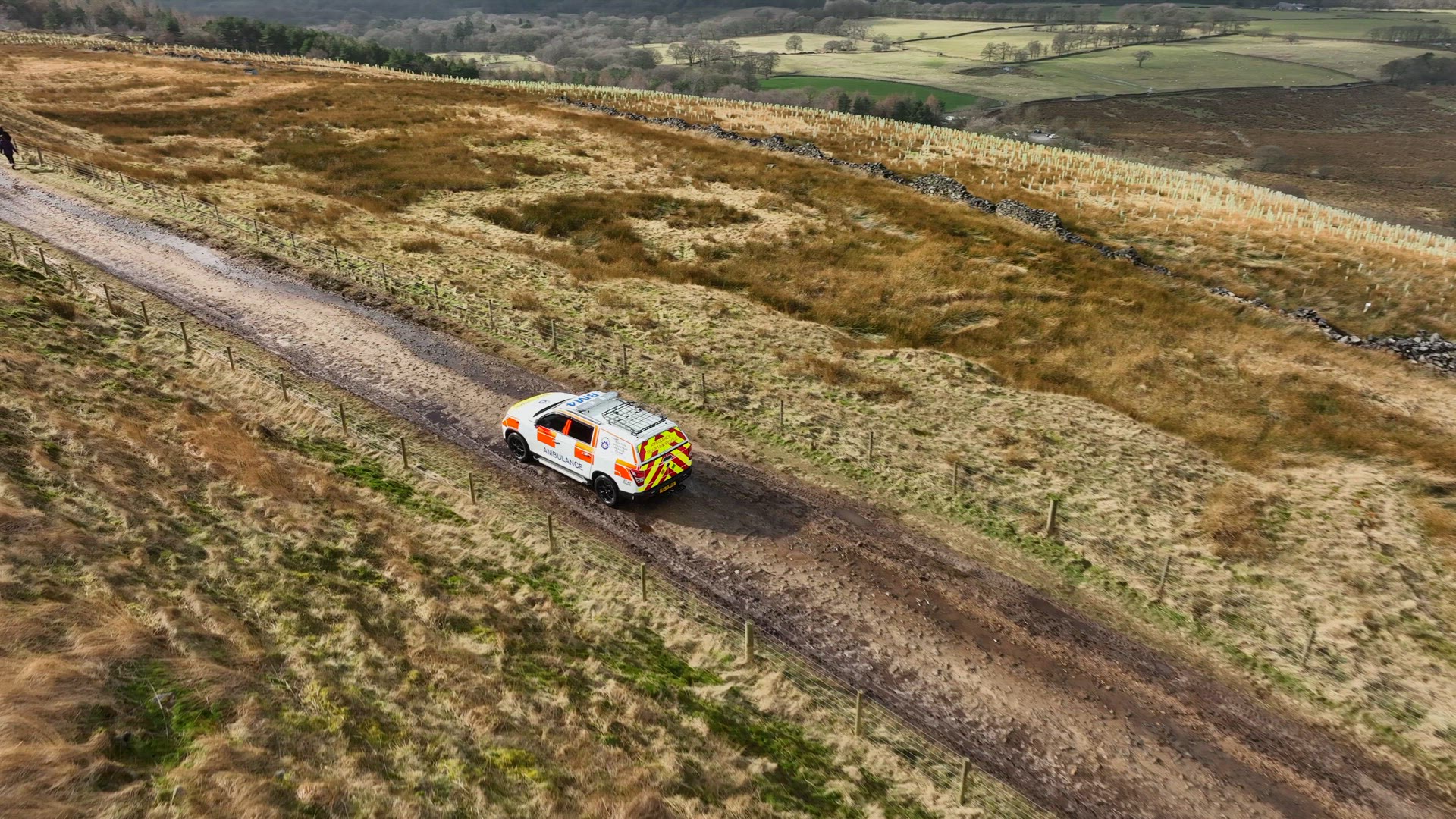 Mountain Rescue Ambulance Vehicles Driving Across Rugged Terrain