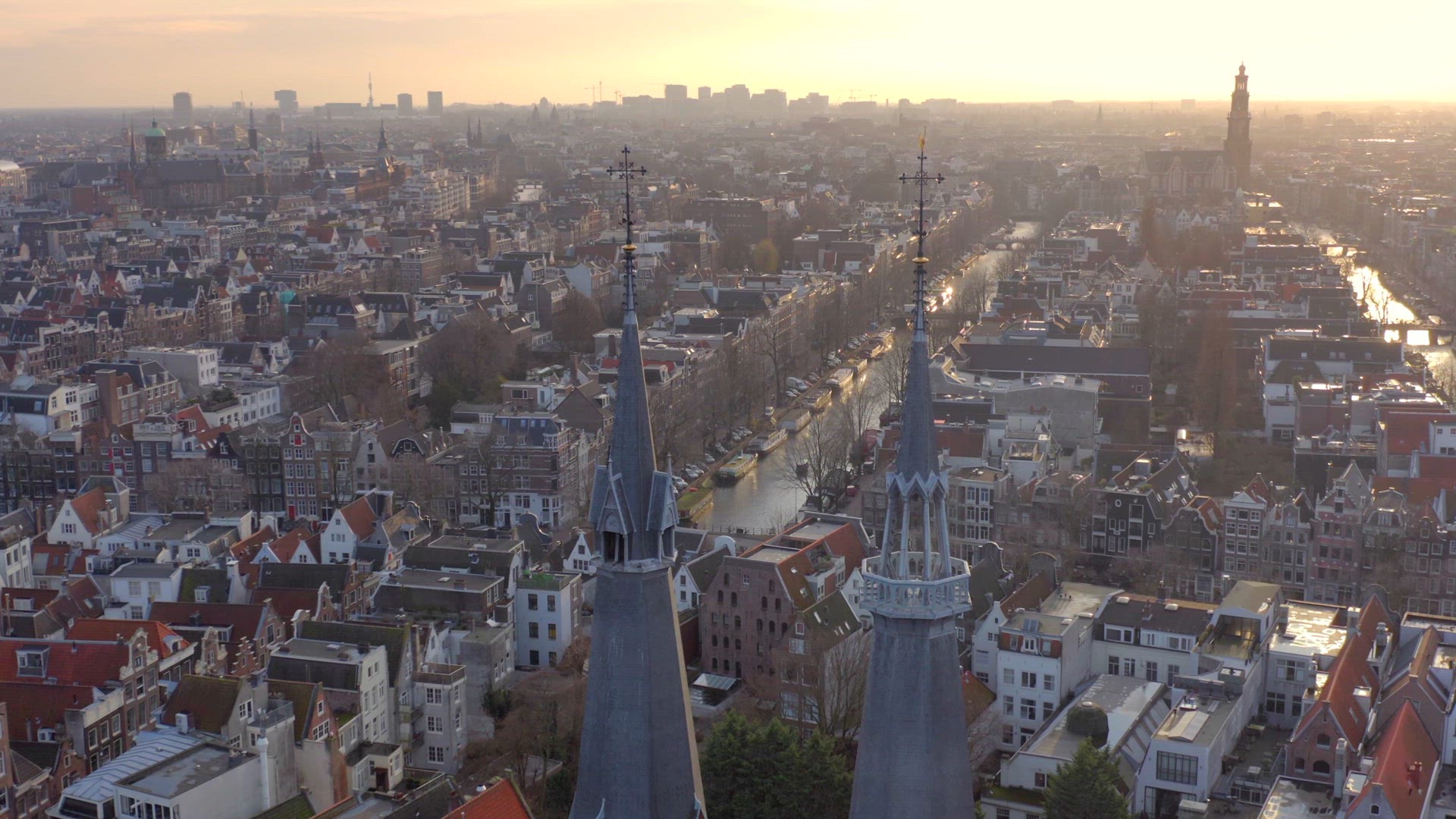 Amsterdam City Aerial View Showing the Canals and Architecture