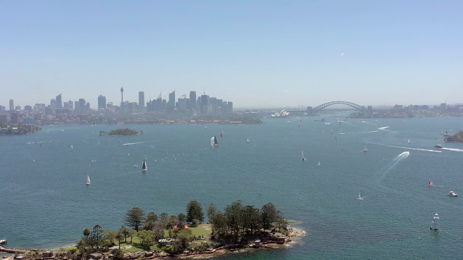 Yachts and Boats in Sydney Harbor in the Summer Flying over Shark Island