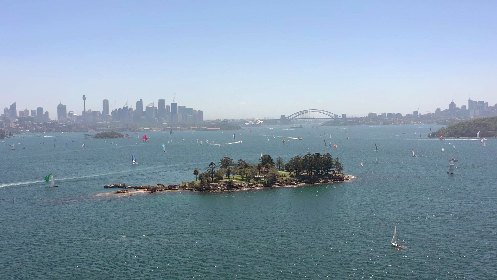 Yachts and Boats in Sydney Harbour in the Summer Flying over Shark Island