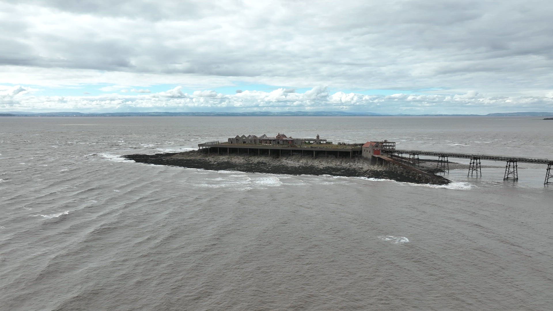 Derelict Birnbeck Pier in Weston Super Mare Aerial View
