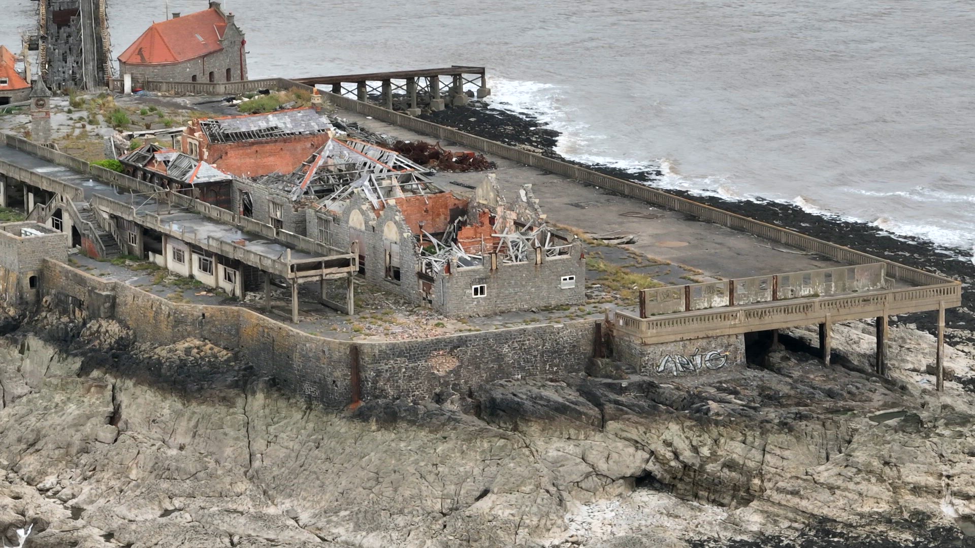 Derelict Birnbeck Pier in Weston Super Mare Aerial View
