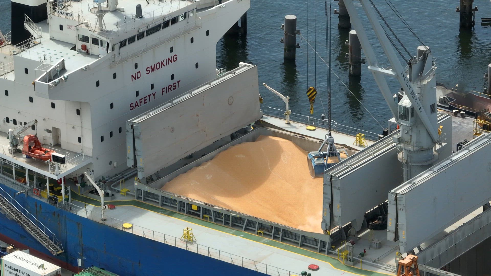 Aerial View of a Bulk Carrier Vessel at Port
