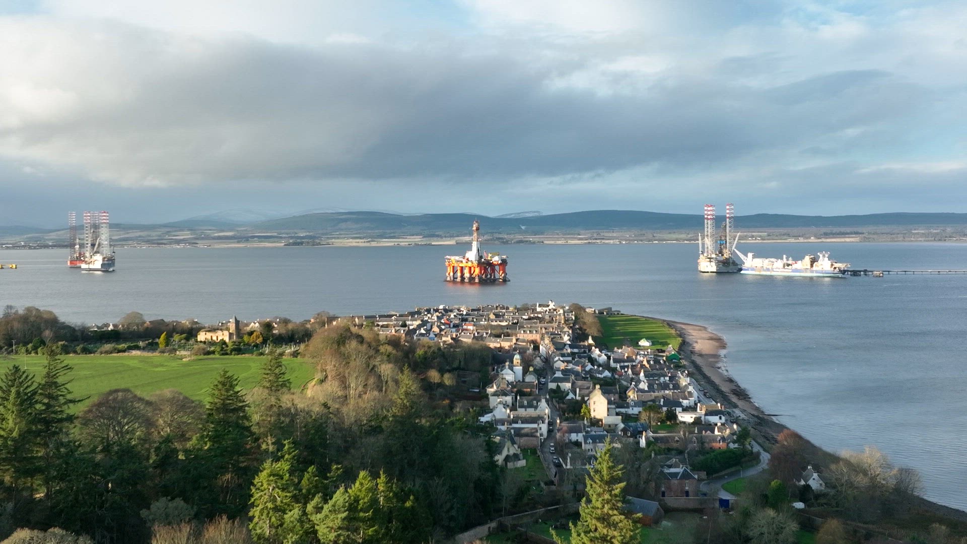 Oil Rigs in the Distance Beyond Cromarty Town in Scotland