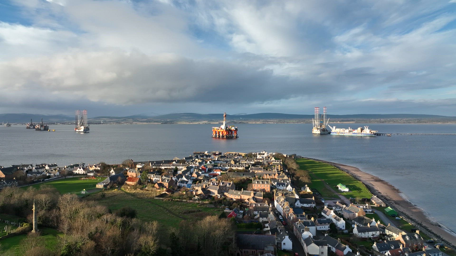 Oil Rigs in the Distance Beyond Cromarty Town in Scotland