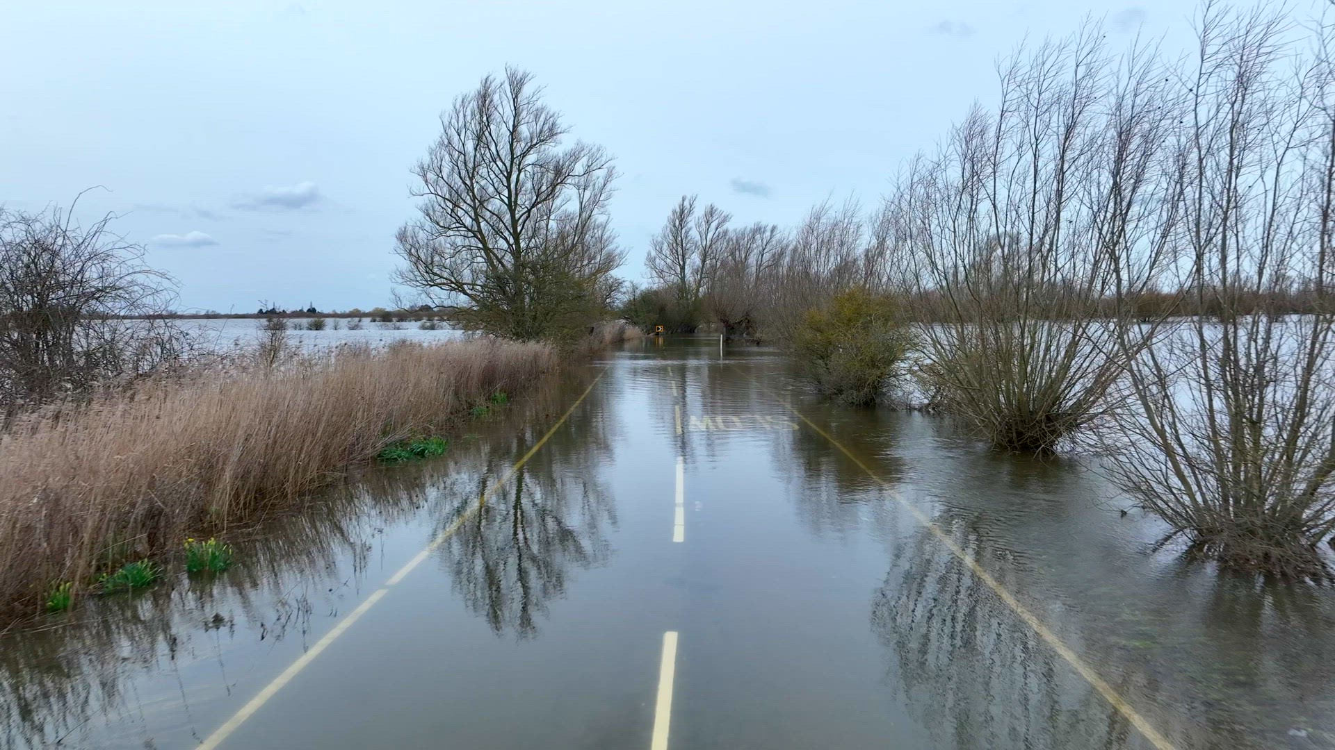 Flooded Road in the UK After Heavy Rain Causes Localised Flooding