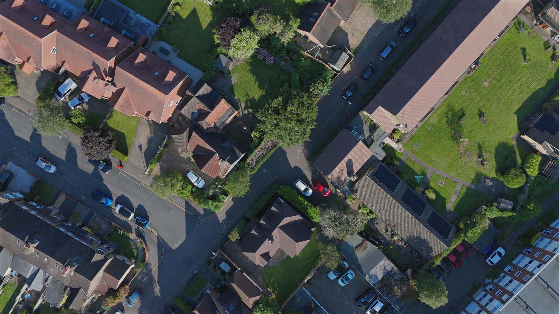 Houses and Streets in Suburban England Aerial View
