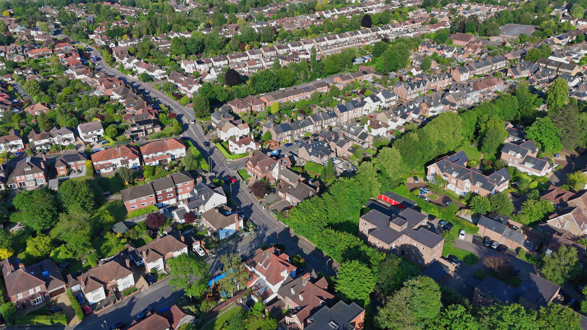 Houses and Streets in Suburban England Aerial View