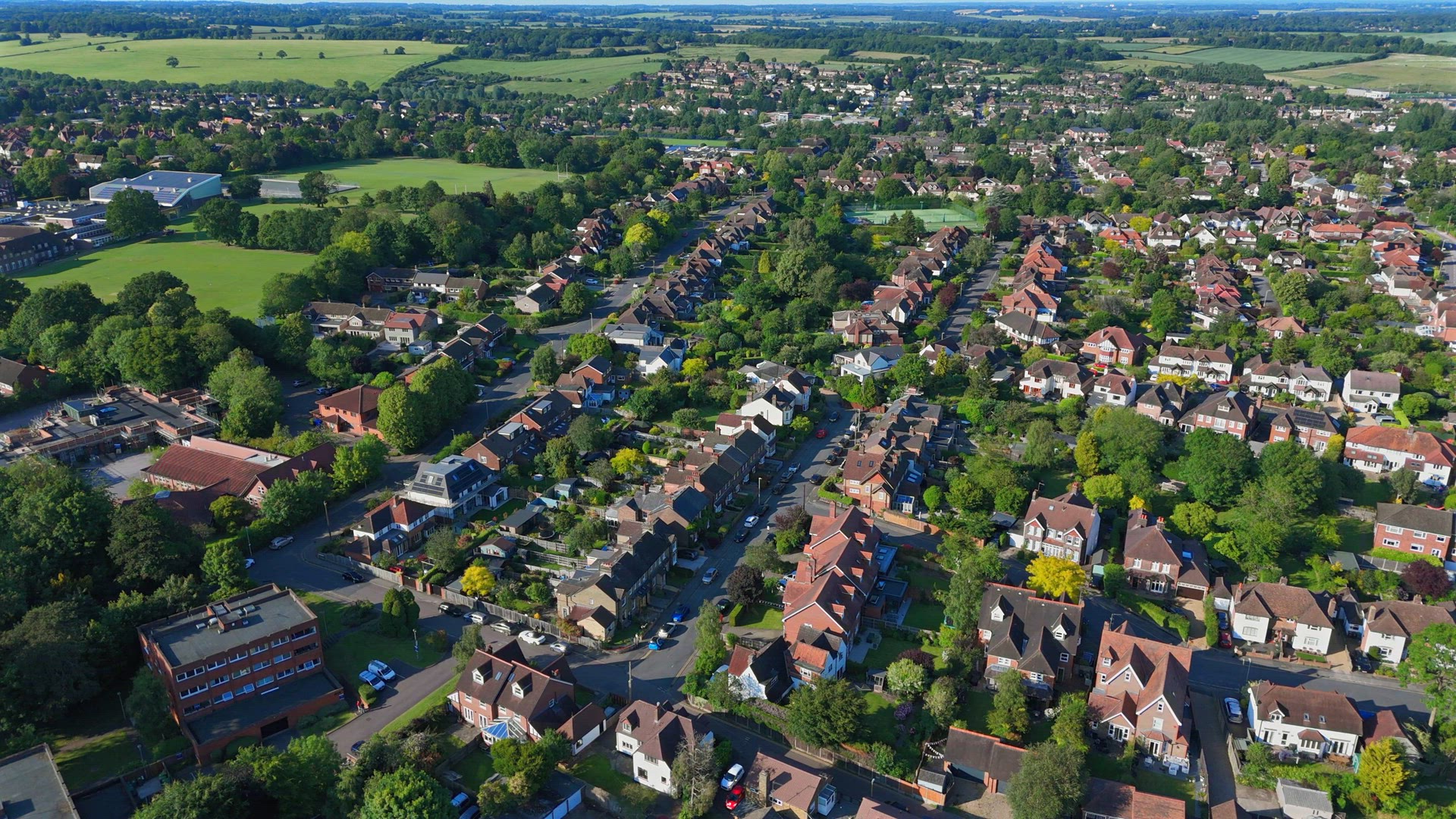 Houses and Streets in Suburban England Aerial View
