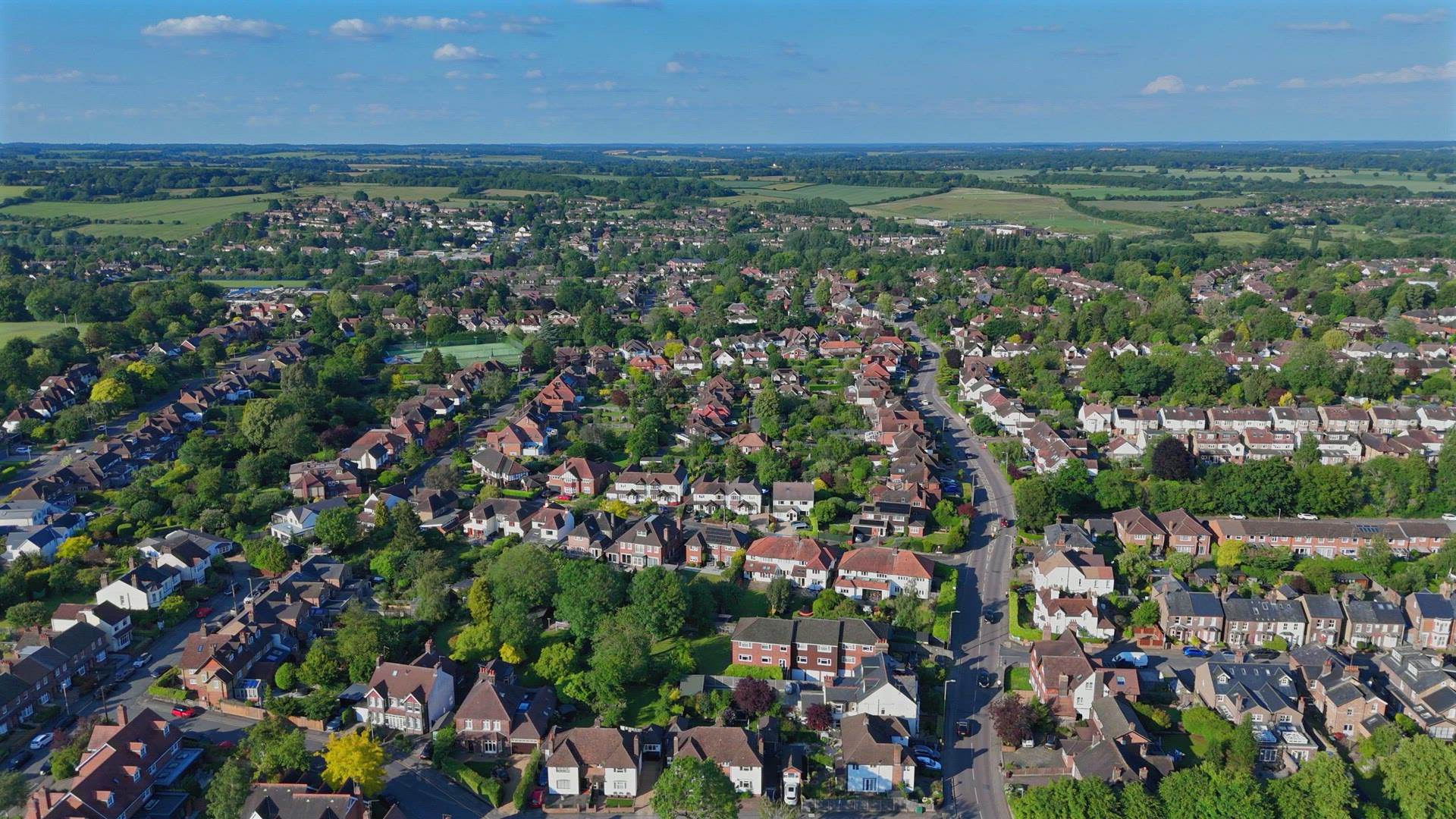 Houses and Streets in Suburban England Aerial View
