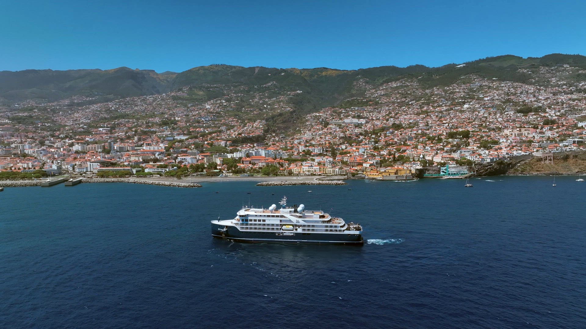 Cruise Ship Entering the Port of Funchal in the Summer Aerial View