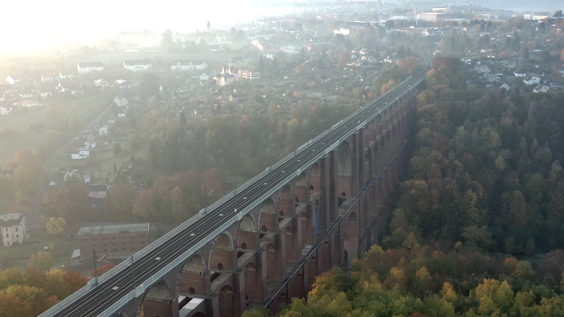 Goltzsch Brick Viaduct in Germany on a Foggy Autumnal Morning Aerial View