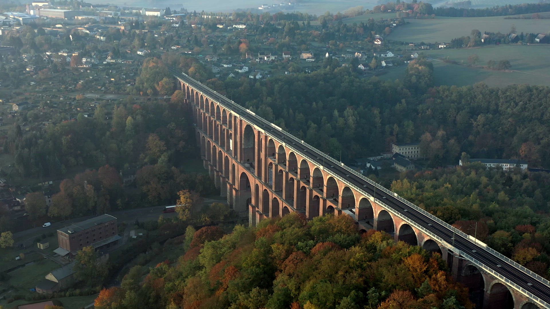 Goltzsch Brick Viaduct in Germany on a Foggy Autumnal Morning Aerial View