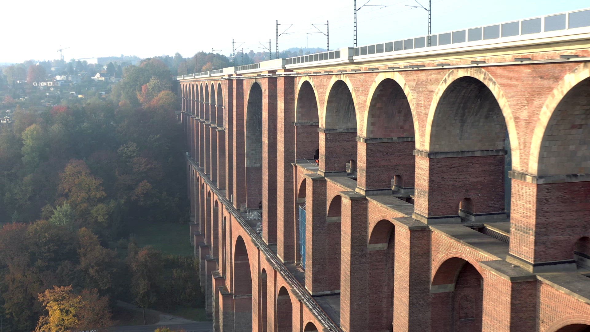 Goltzsch Brick Viaduct in Germany on a Foggy Autumnal Morning Aerial View