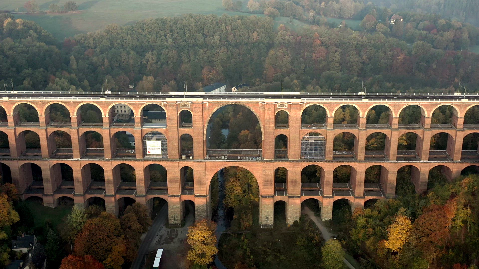 Goltzsch Brick Viaduct in Germany on a Foggy Autumnal Morning Aerial View