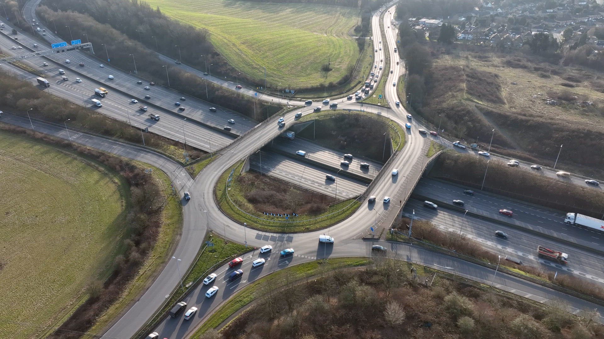 Highway Roundabout Junction Rush Hour Aerial View