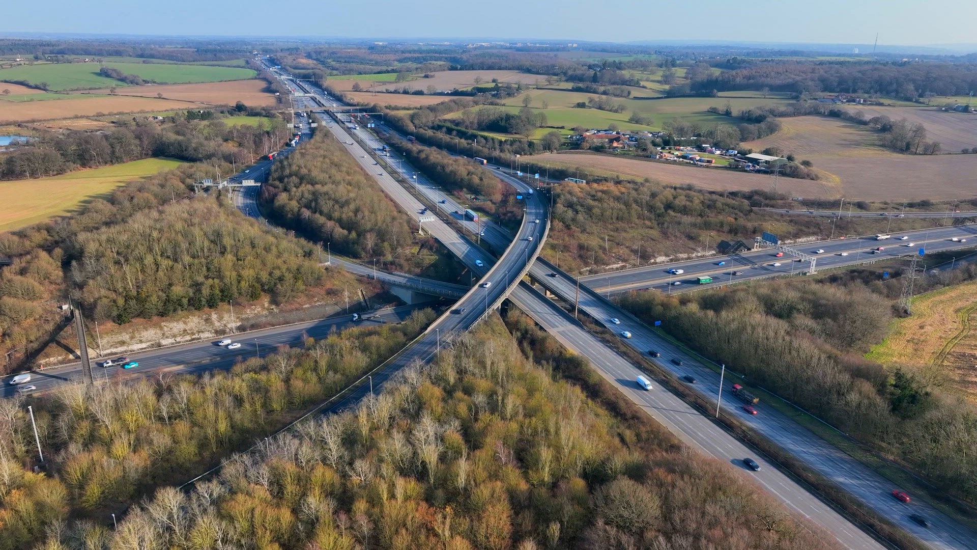 Rush Hour Vehicles Driving on a Highway Interchange Aerial View