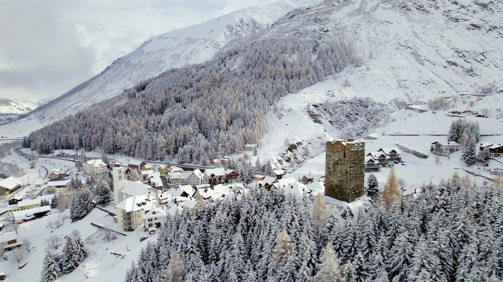 Snow Covered Hospental Village in Switzerland in the Winter