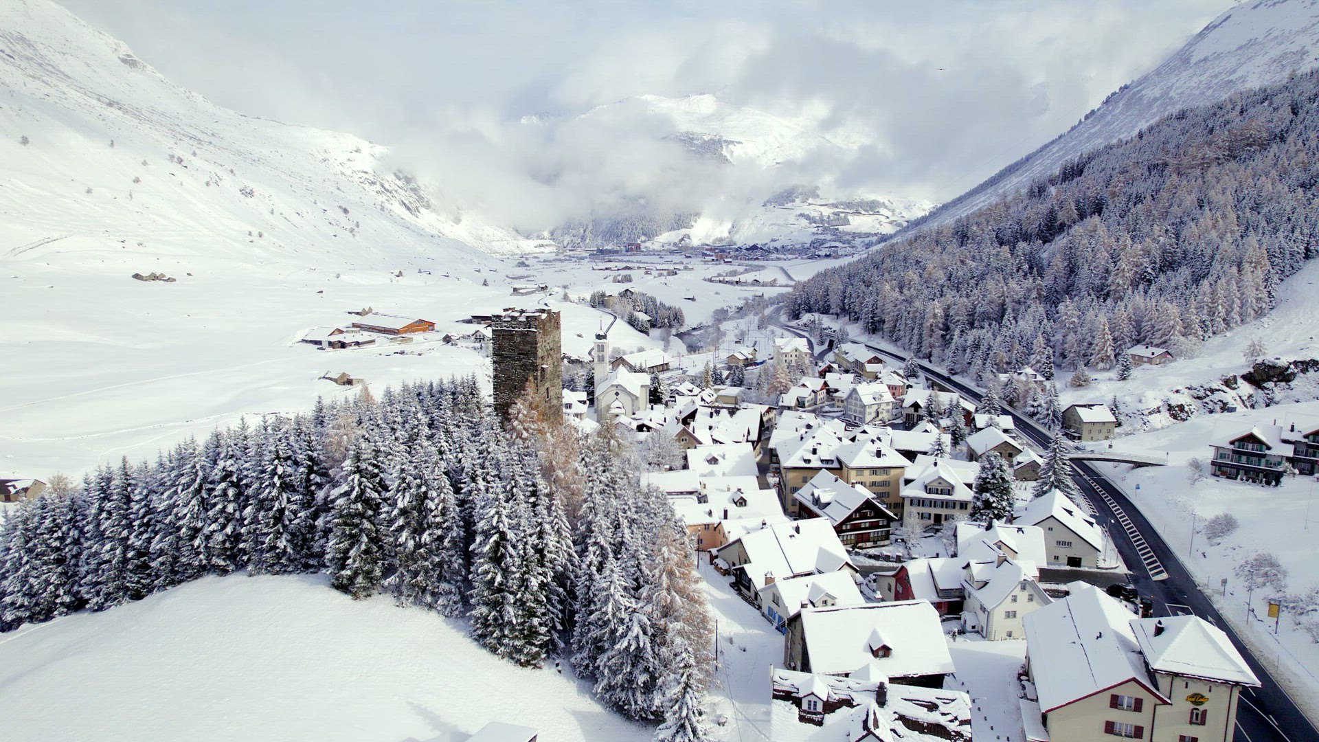 Snow Covered Hospental Village in Switzerland in the Winter