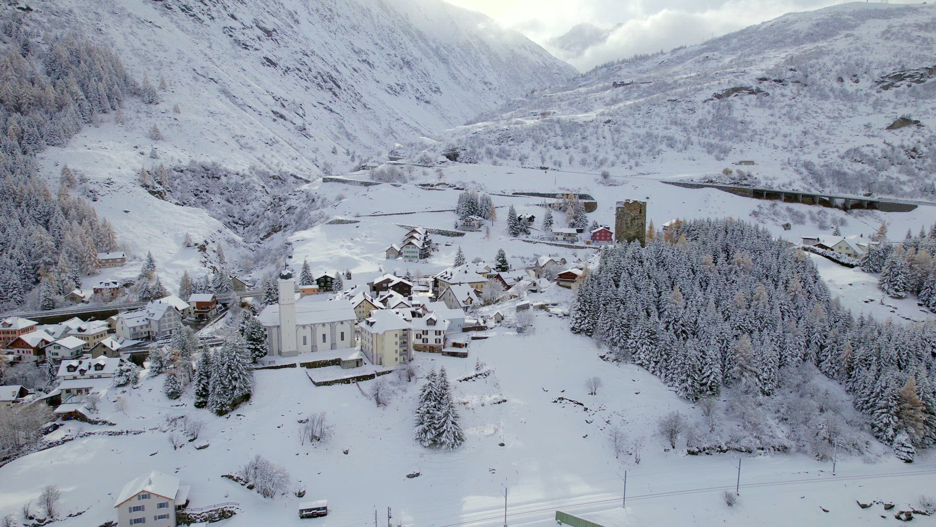 Snow Covered Hospental Village in Switzerland in the Winter