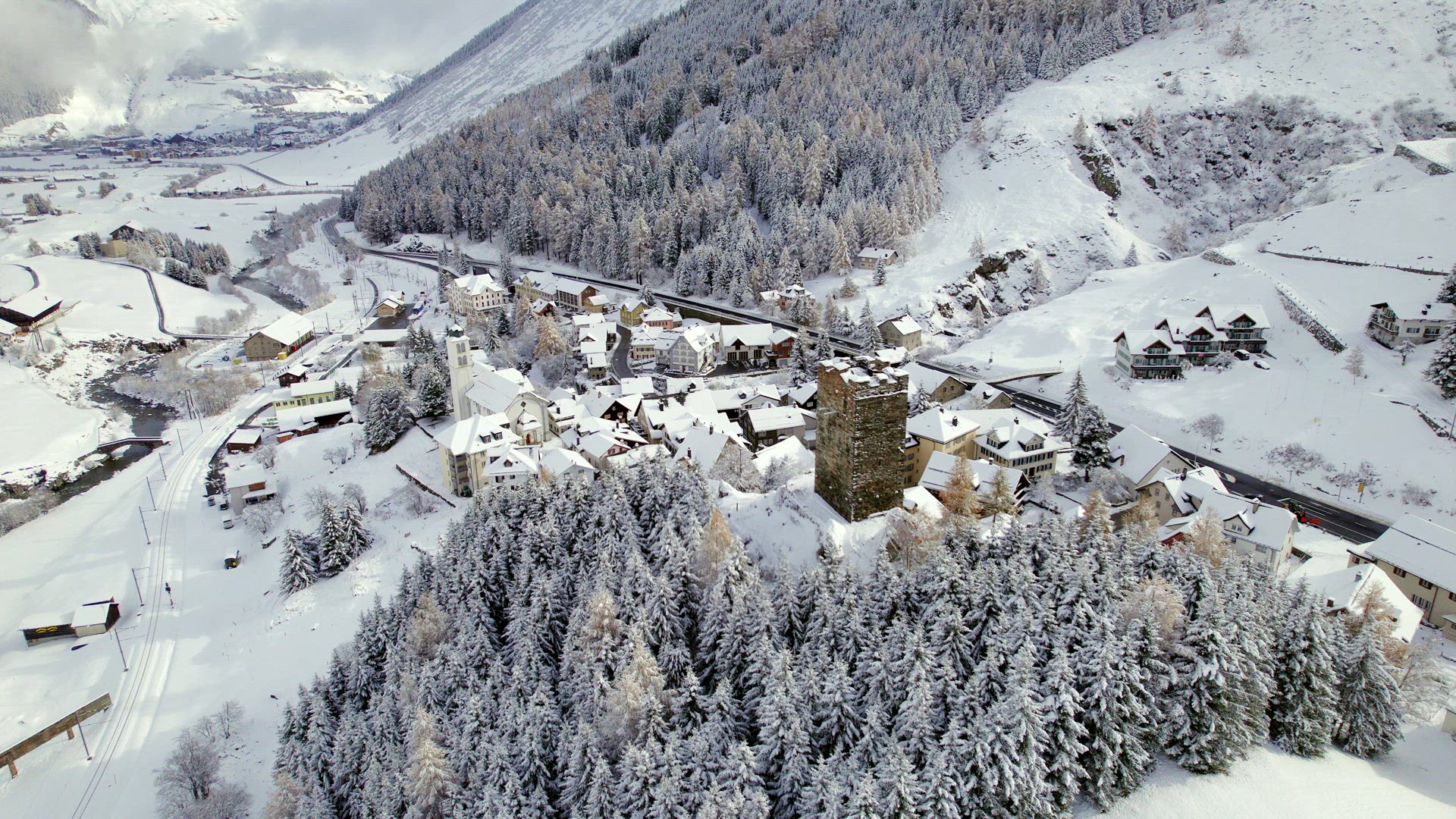 Snow Covered Hospental Village in Switzerland in the Winter
