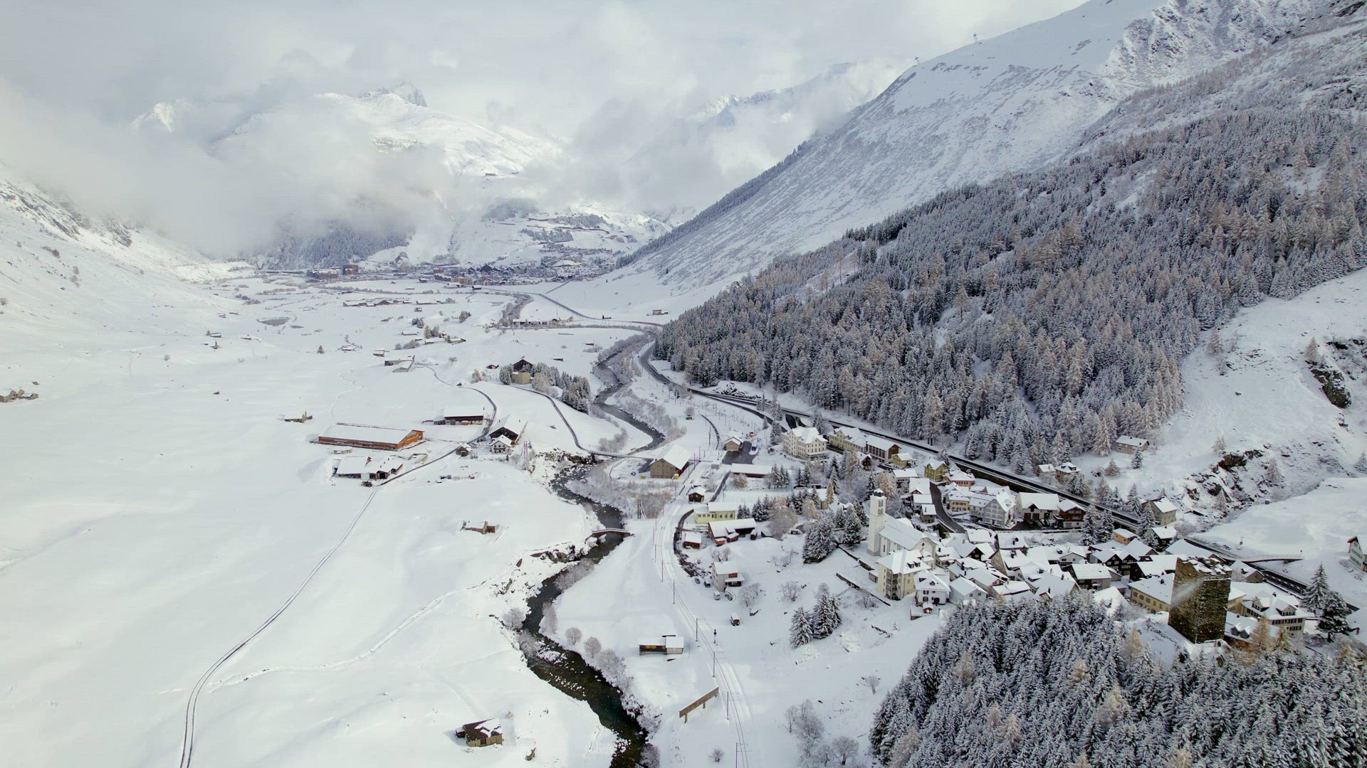 Snow Covered Hospental Village in Switzerland in the Winter