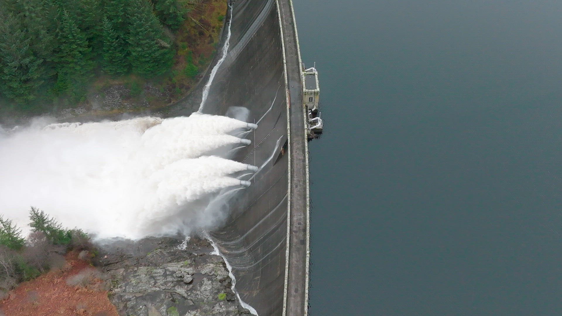 Water Pumped Through a Gravity Fed Hydroelectric Power Station Dam