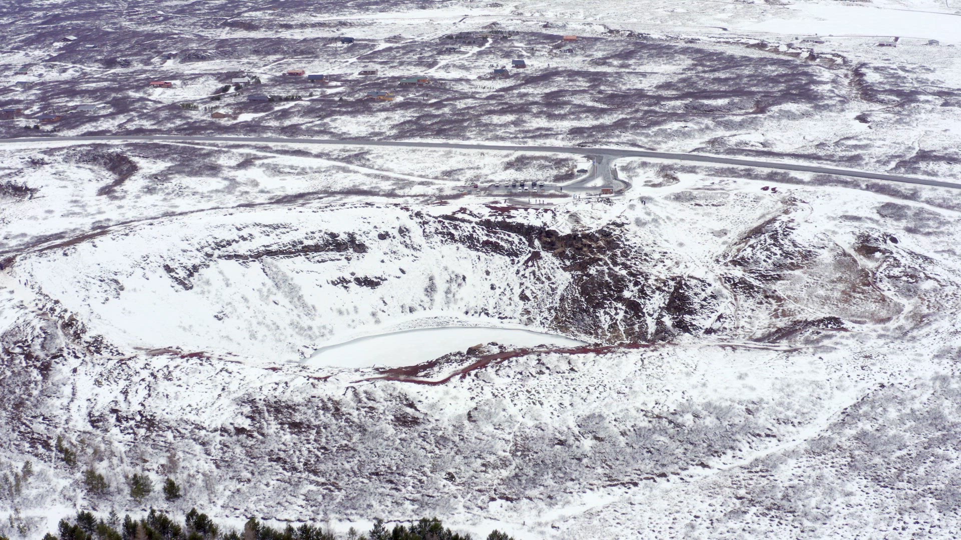 Snowy Kerid Crater on the Golden Circle of Iceland Seen From the Air