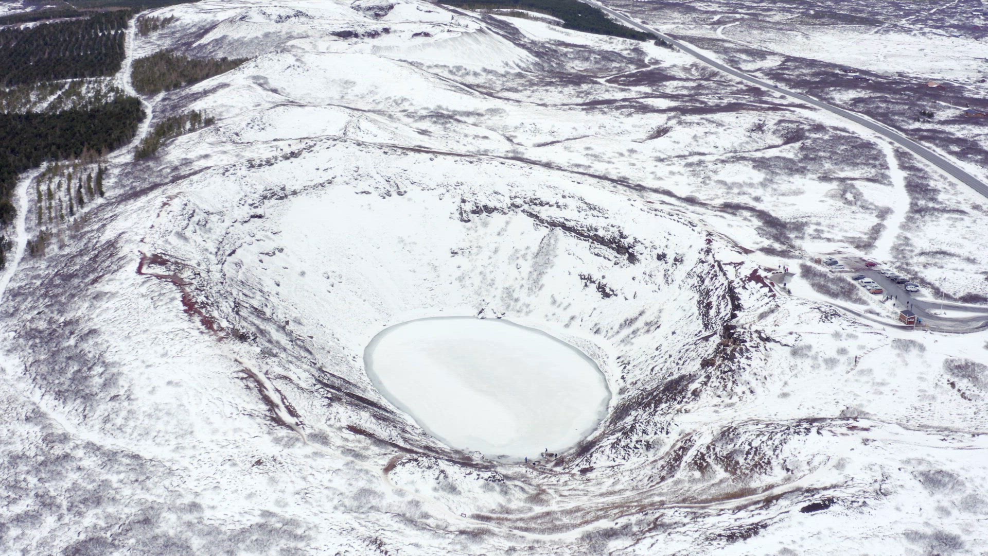 Snowy Kerio Crater on the Golden Circle of Iceland Seen From the Air