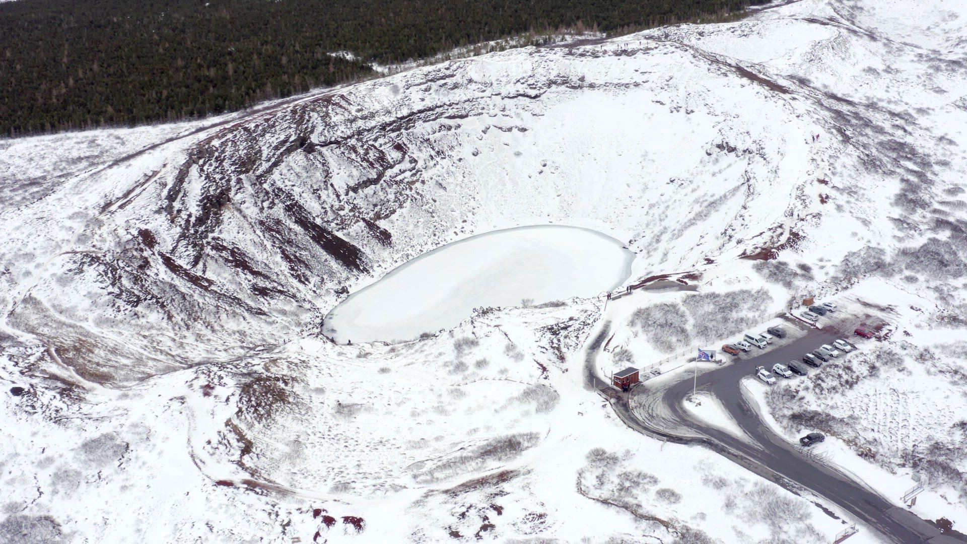 Snowy Volcanic Kerid Crater on the Golden Circle of Iceland Seen From the Air