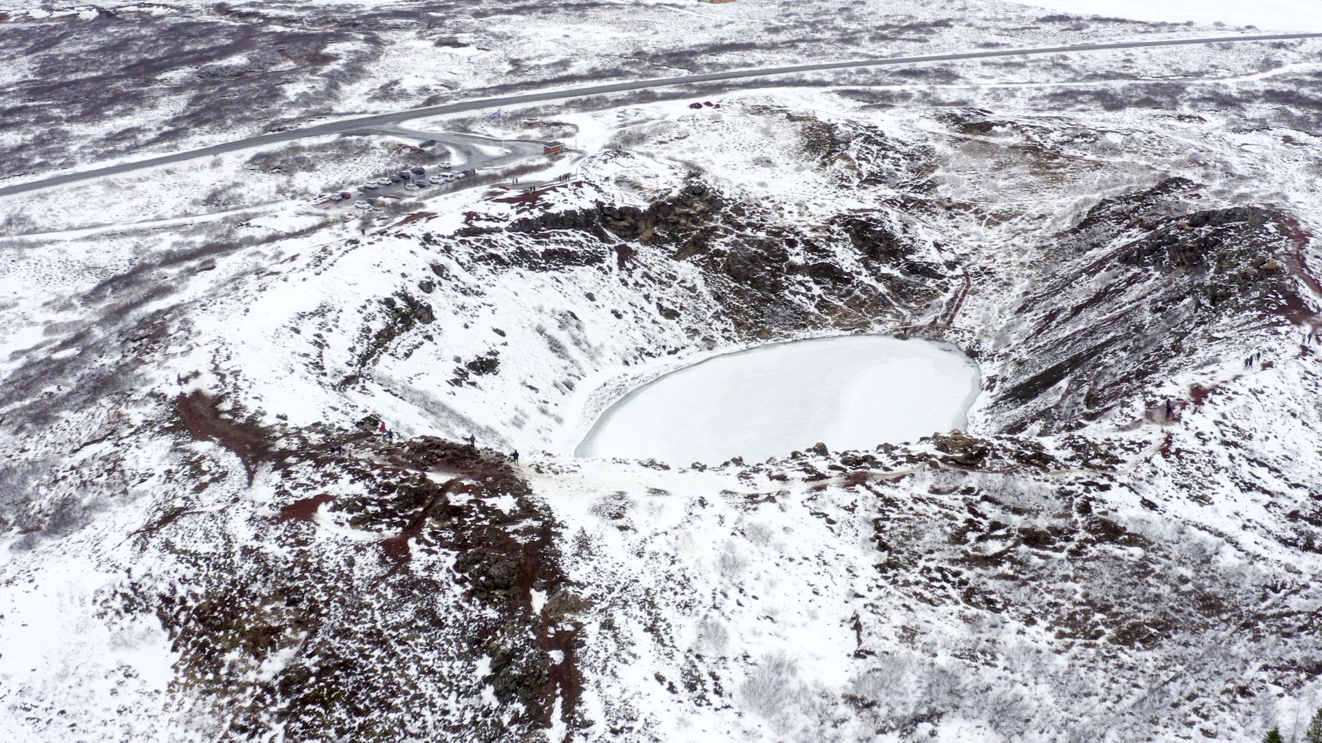 Snowy Volcanic Kerid Crater on the Golden Circle of Iceland Seen From the Air