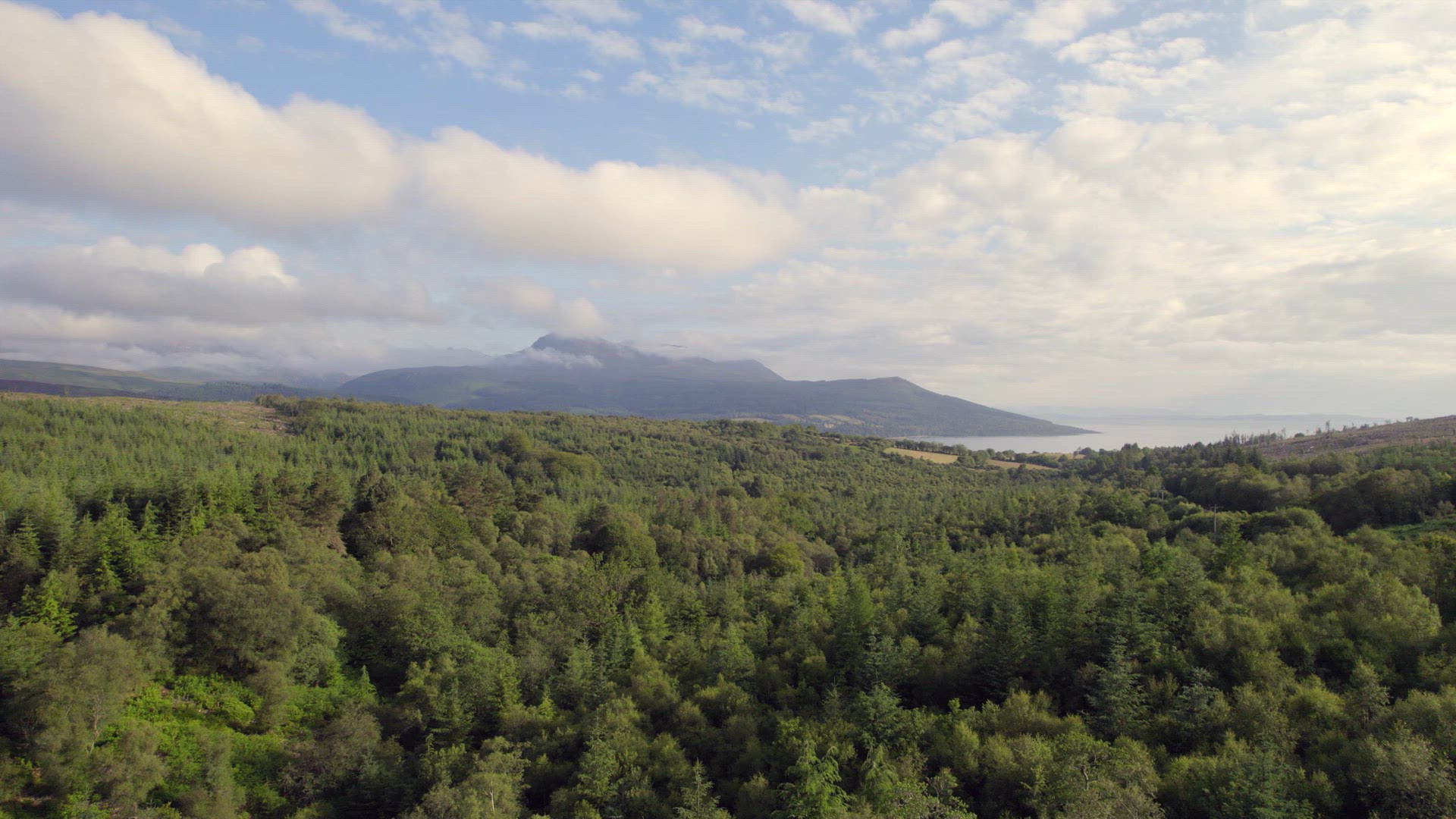 Flyover of Woodlands on the Isle of Arran Flying Towards Brodick