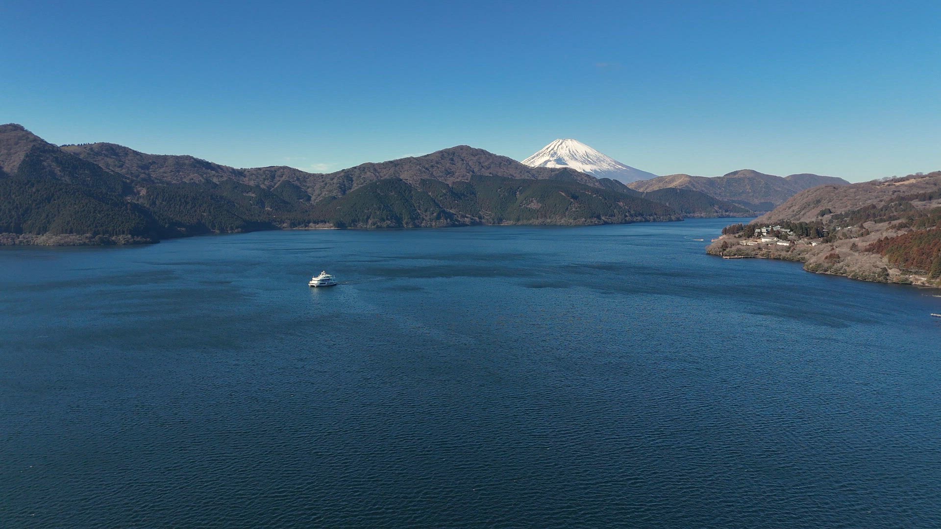 Lake Ashi Tour Boat and Mount Fuji Aerial View