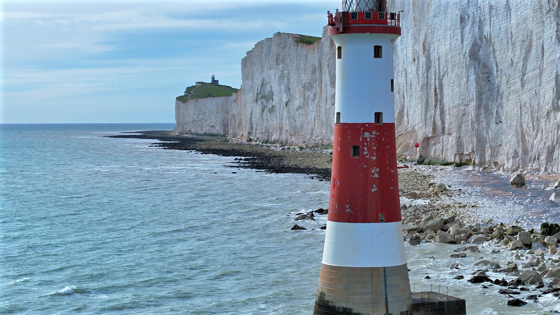 Beautiful Lighthouse on the South Coast of England Aerial View
