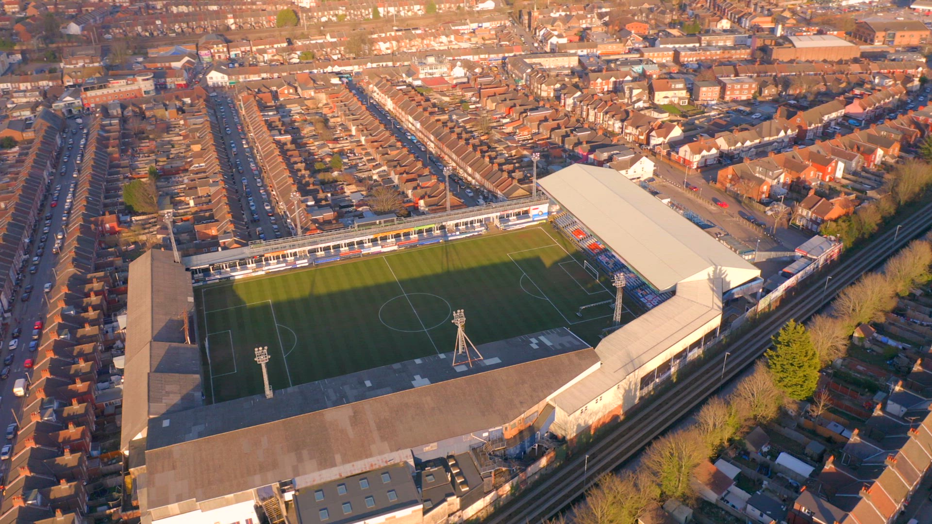 Luton Town Football Club Aerial View of Kenilworth Road Stadium at Sunset