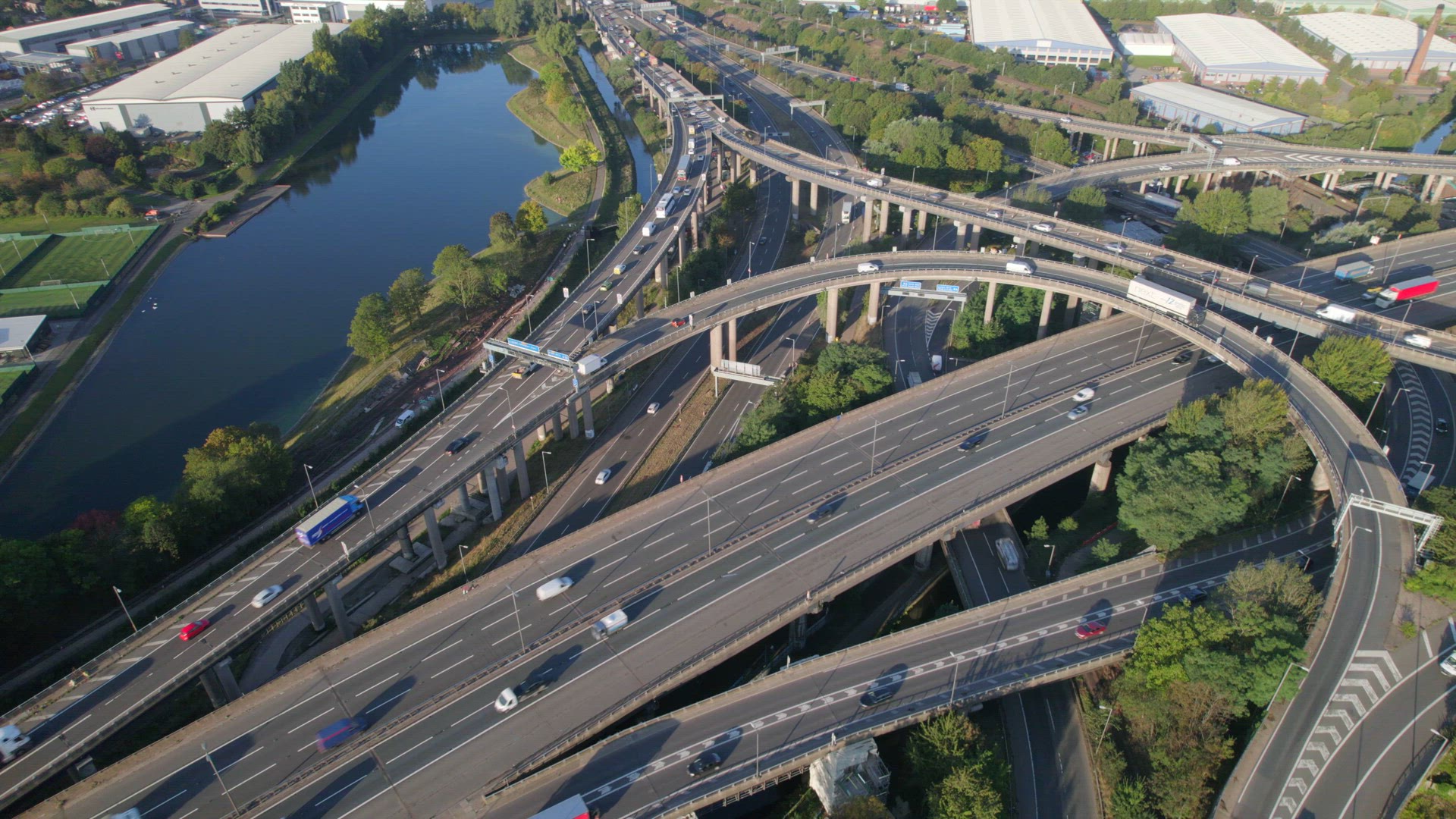 Vehicles Driving Navigating a Spaghetti Interchange Road System