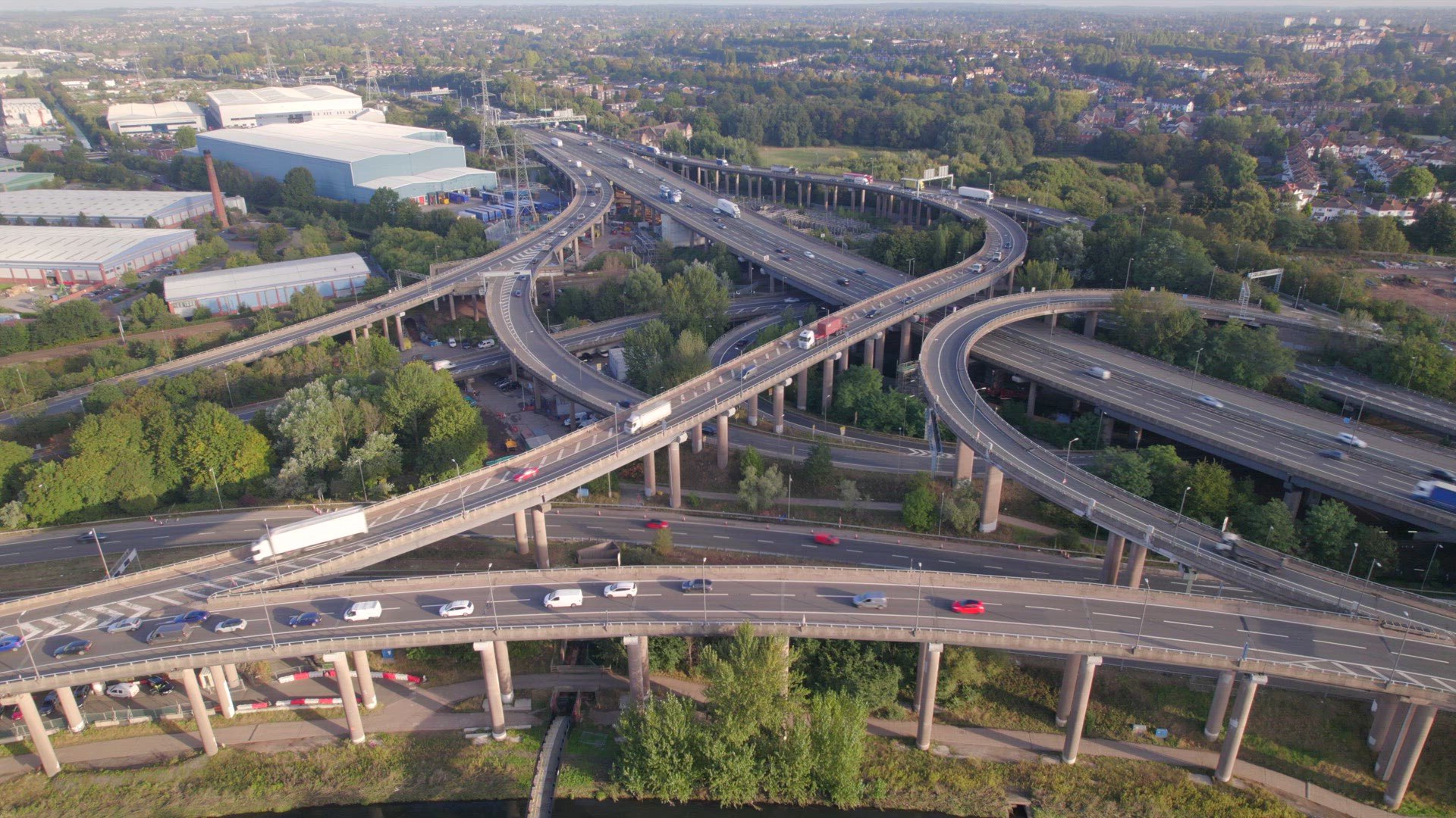 Vehicles Driving Navigating a Spaghetti Interchange Road System
