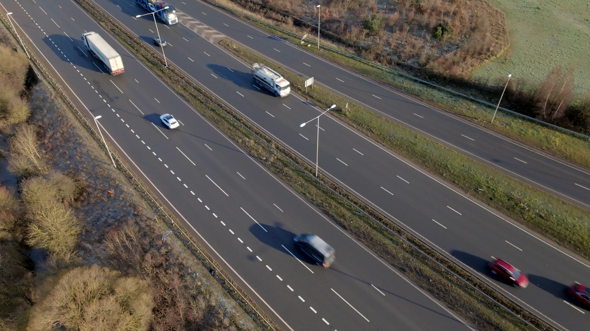 Motorway Driving in the UK Aerial View Showing Lorries, Vans, Cars and Vehicles