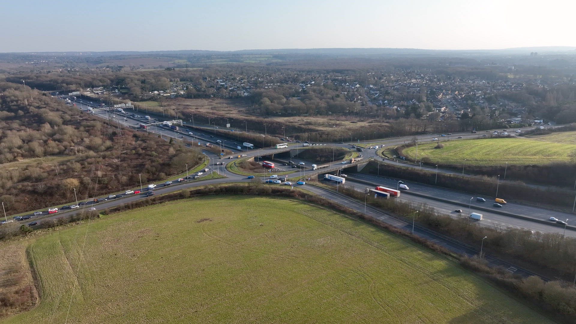 UK M25 Motorway Junction Aerial View at Rush Hour