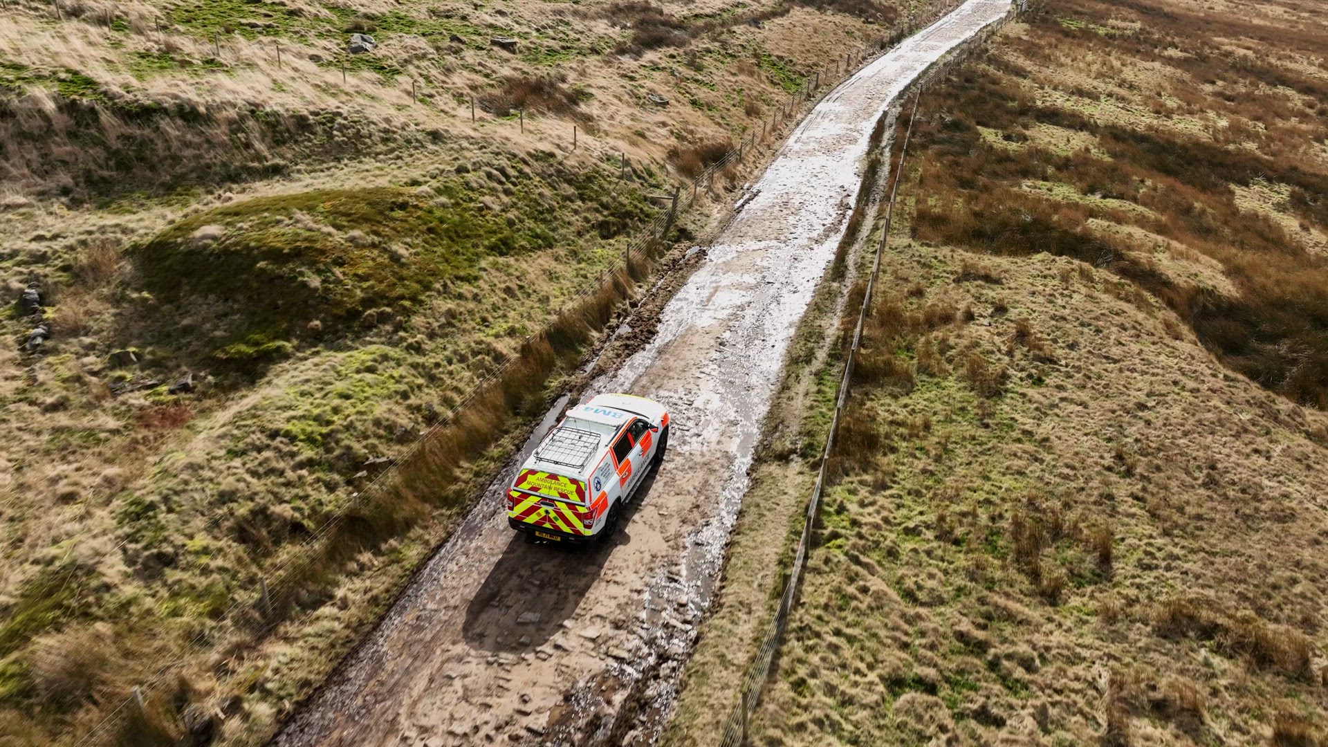 Mountain Rescue Ambulance Vehicles Driving Across Rugged Terrain