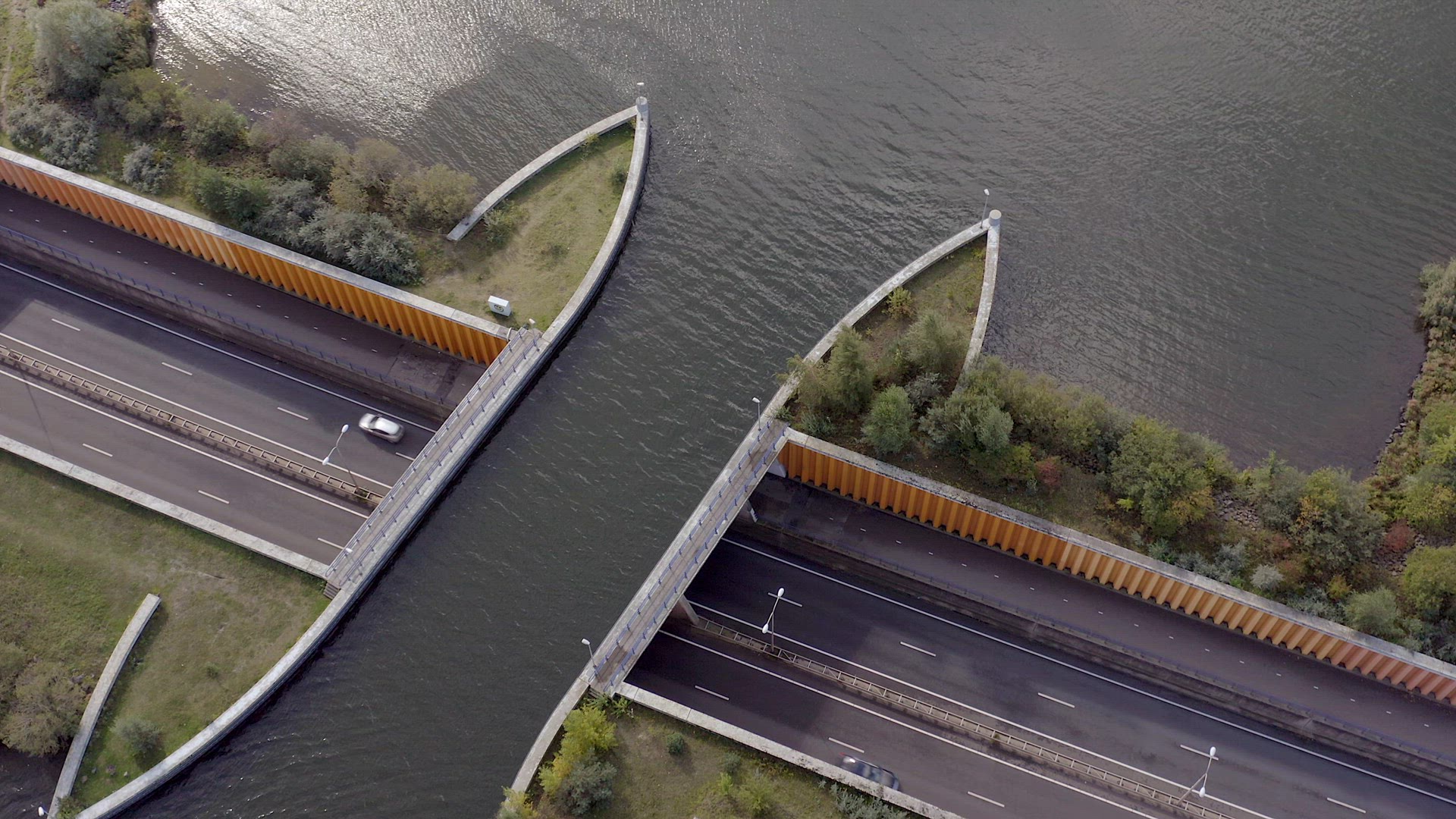An Aqueduct in the Netherlands Allowing Ships to Pass Over a Motorway