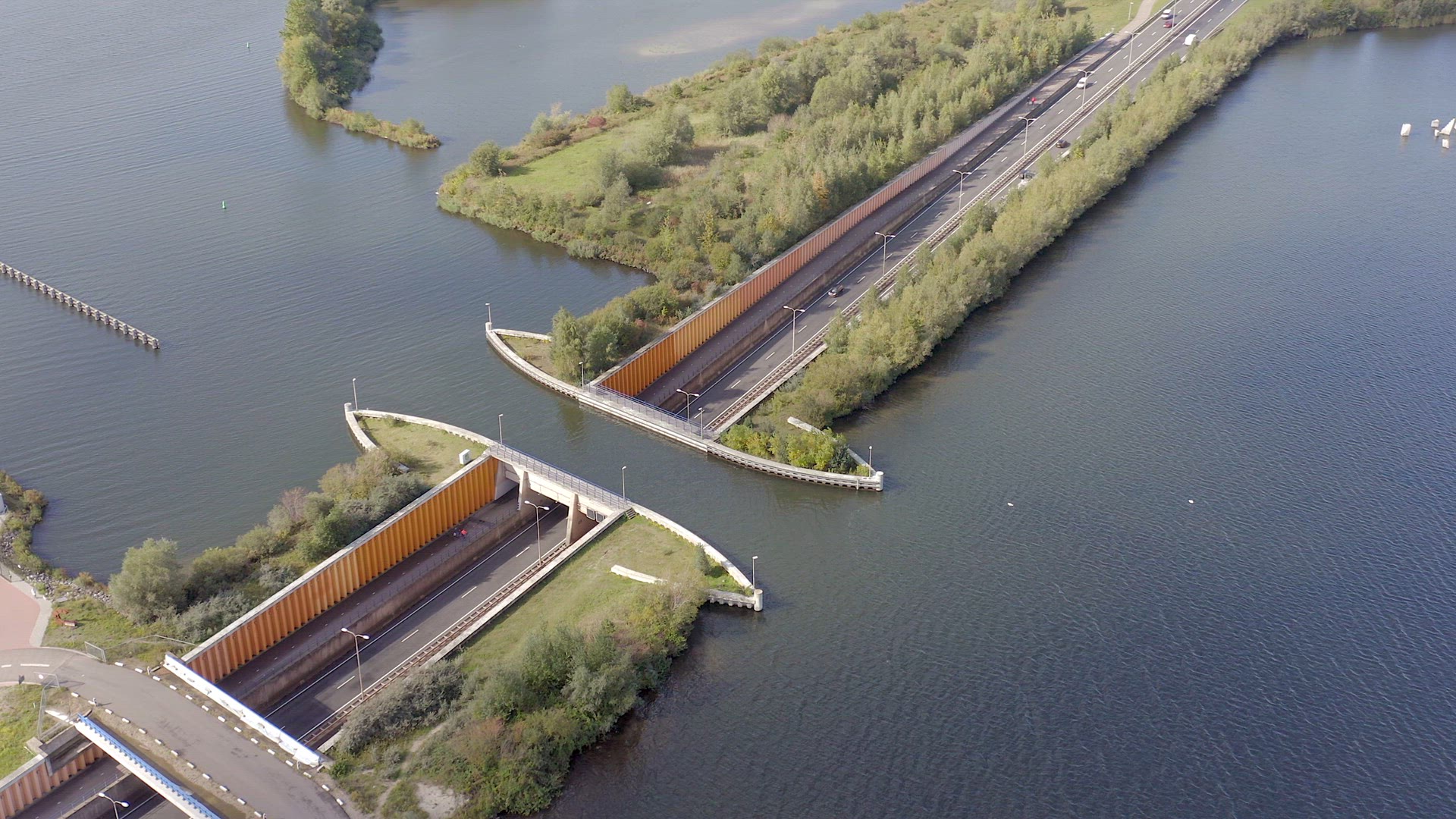 An Aqueduct in the Netherlands Allowing Ships to Pass Over a Motorway