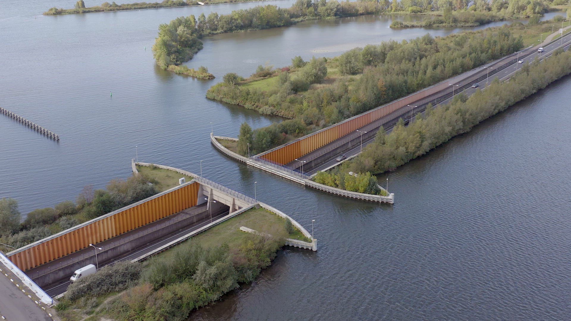 Lake Viaduct in the Netherlands with a Motorway Passing Under