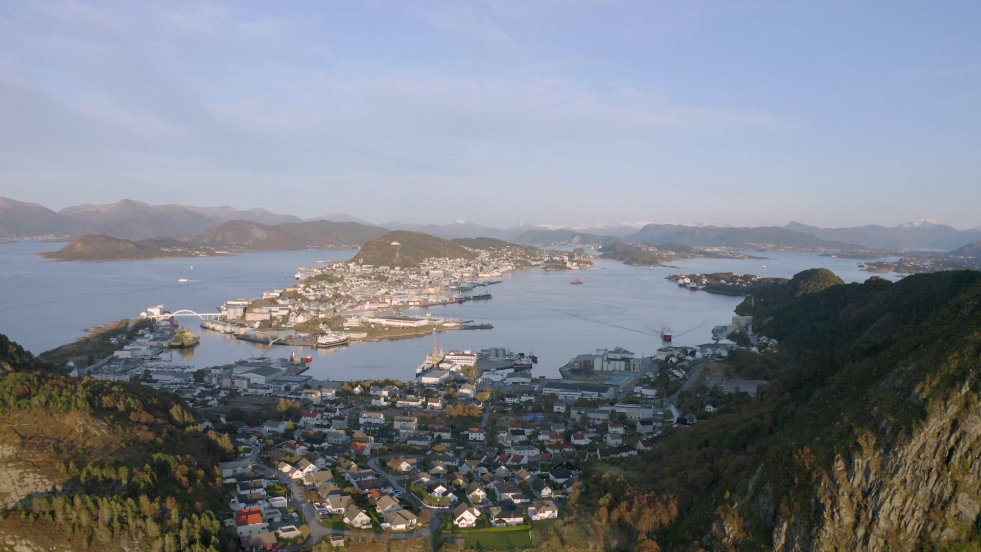 Alesund City on the West Coast of Norway at Sunset Aerial View