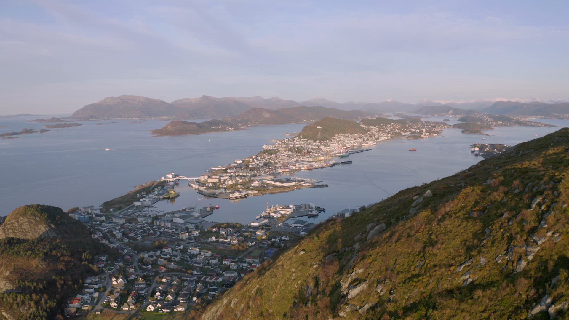 Alesund City on the West Coast of Norway at Sunset Aerial View