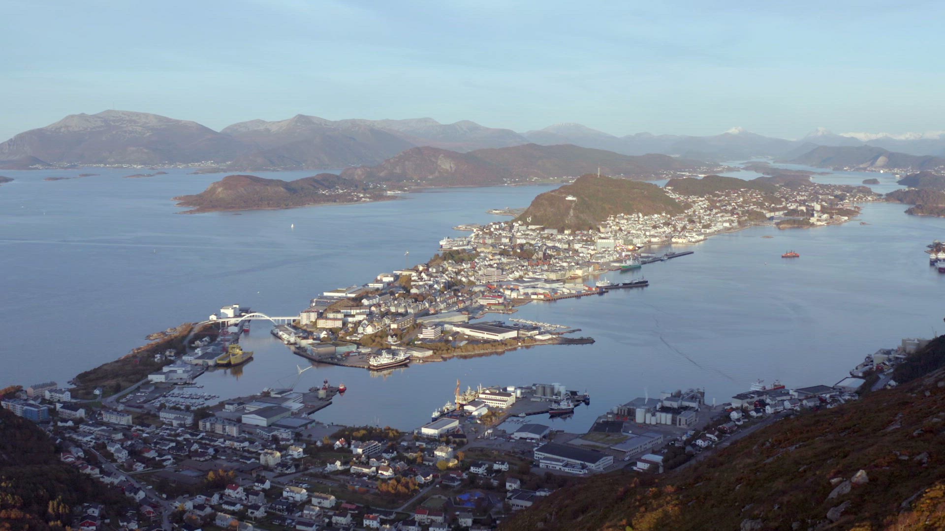 Alesund City on the West Coast of Norway at Sunset Aerial View