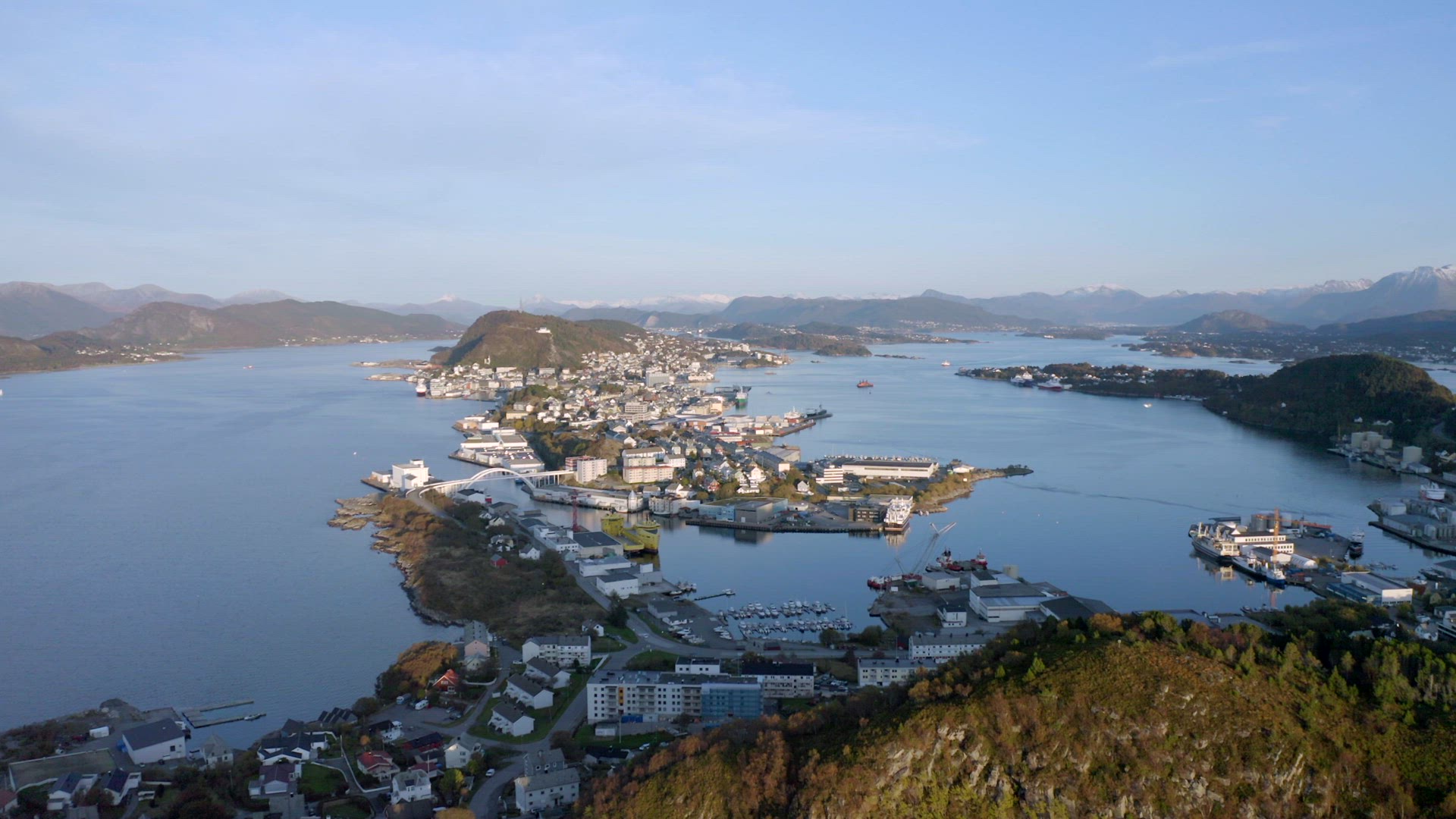 Alesund City on the West Coast of Norway at Sunset Aerial View